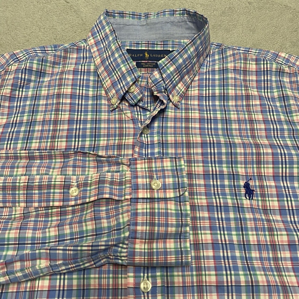 Ralph Lauren Button Down Shirt Mens‎ Large Colorful Plaid Stretch Pony Preppy